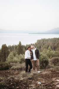 Romantic Lake Tahoe engagement session at sunrise with mountain views