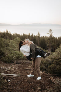 Sunrise engagement session with a breathtaking mountain view in Lake Tahoe