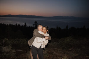 unrise mountain engagement session in Lake Tahoe captured by a local elopement photographer