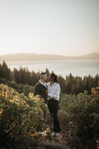 Lake Tahoe engagement session with panoramic sunrise views and alpine scenery