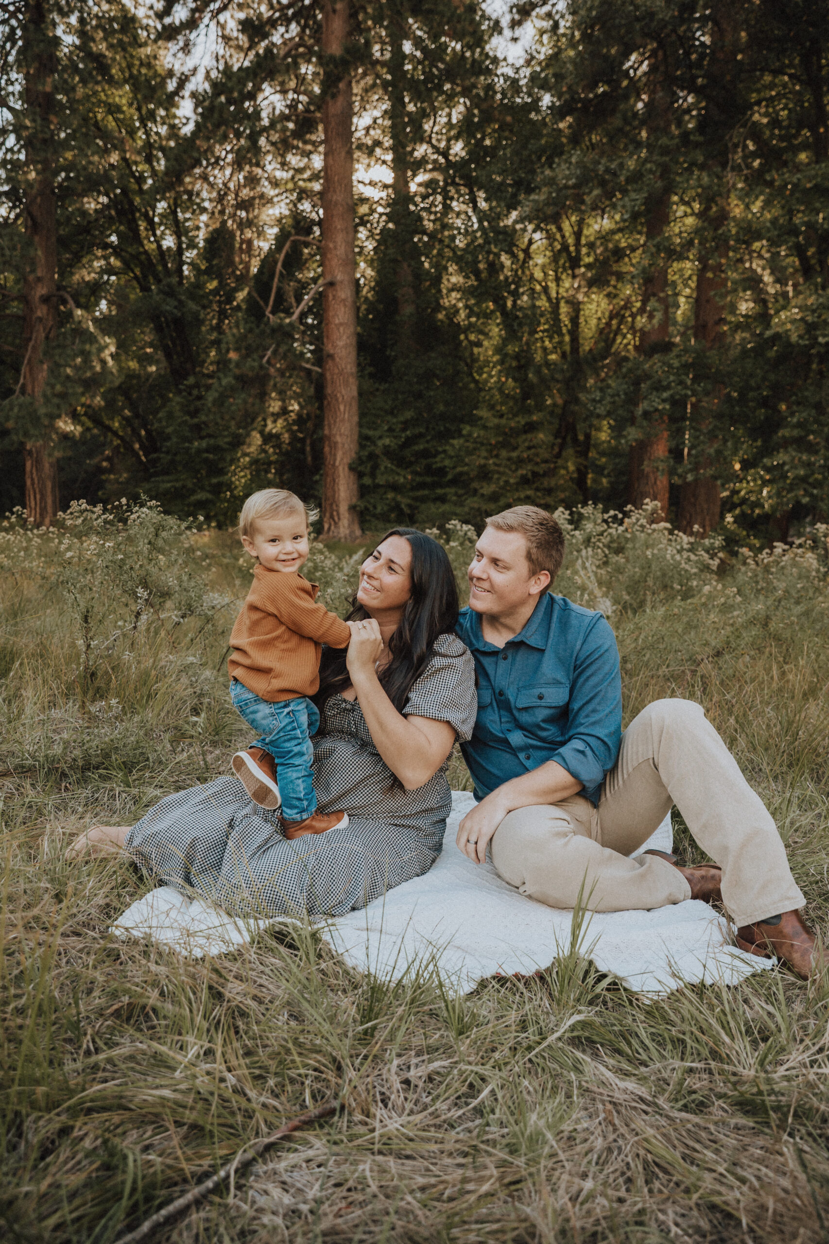 family sitting in grass in yosemite national parl